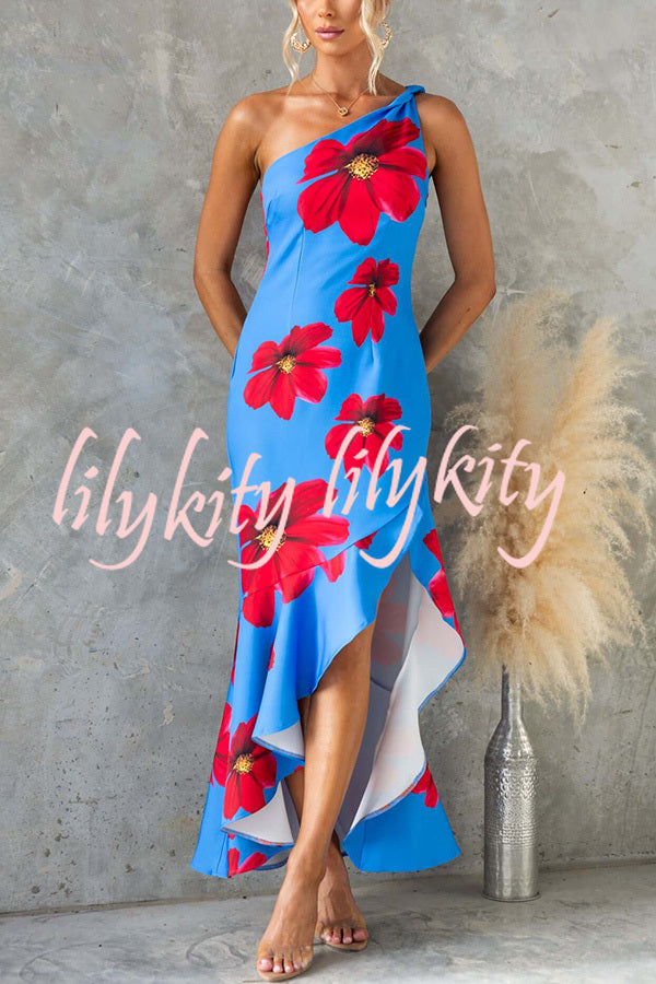 Stunning Muse Floral Print One Shoulder Irregular Ruffles Slit Maxi Dress