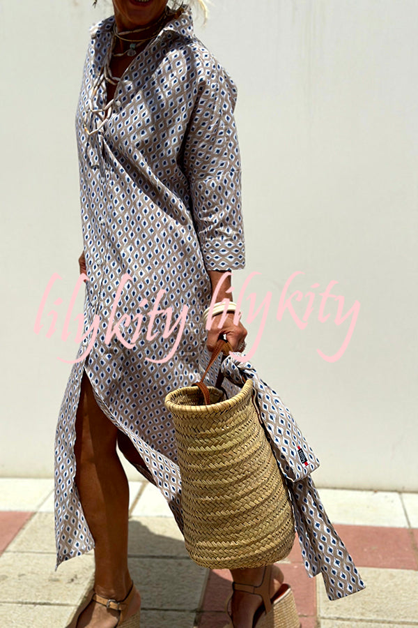 Summer Splendor Printed Button Half Sleeve Belt Loose Shirt Midi Dress