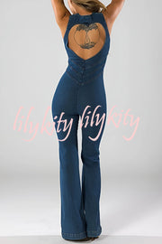 Fashionable Heart Hollow Back Slim High Waist Flared Denim Jumpsuit