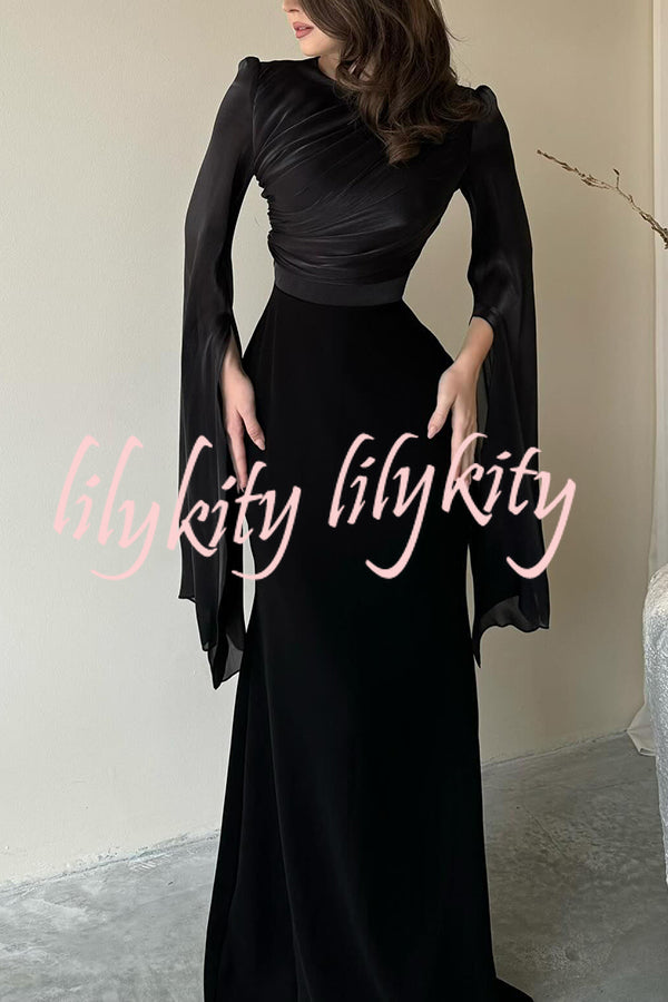 Liora Ruched Organza and Satin Patchwork Design Long Bell Slit Sleeve Maxi Dress