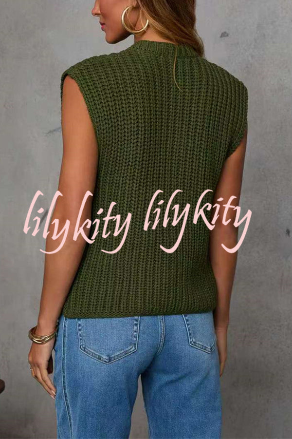 Solid Color Sleeveless Button Pocket Knit Vest