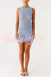 Fashion Knit Hollow Beaded Tassel Embellished Sleeveless Slim Mini Dress