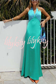 Like A Gem Satin Colorblock Halter Backless Party Maxi Dress