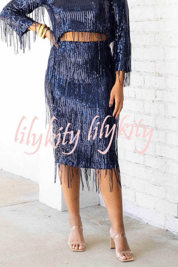 Insight Blueberry Sequin Fringe High Rise Elastic Waistband Midi Skirt