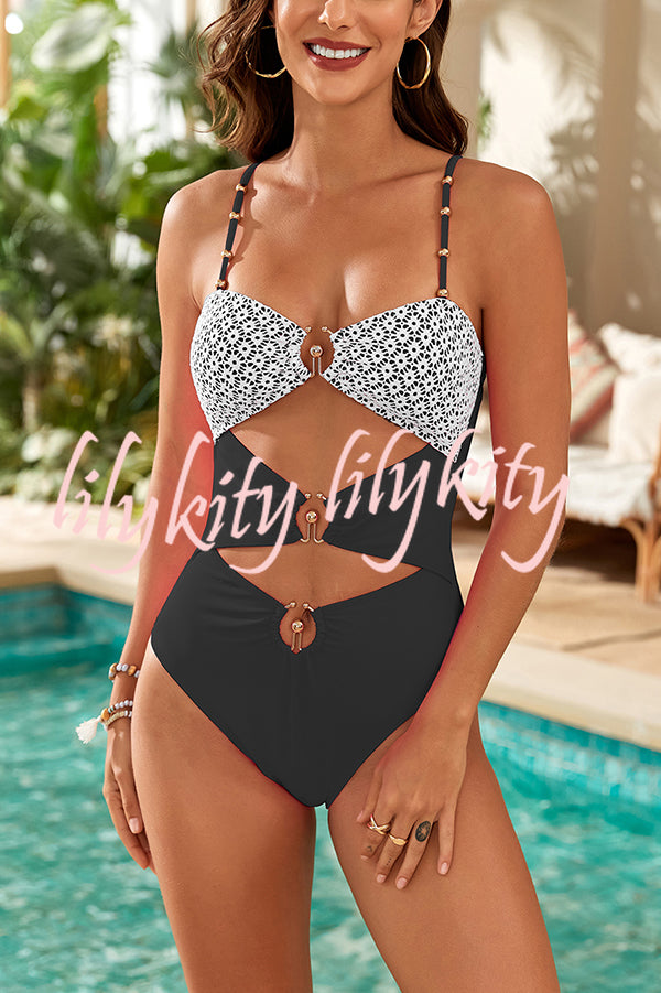 Fashionable Splicing Spaghetti Strap Metal Buckle One-piece Bikini Swimsuit