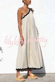 Linen Blend One Shoulder Tie Resort Maxi Dress