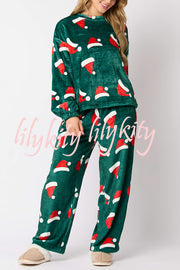 Christmas Printed Crew Neck Long Sleeve Top and Elastic Waist Loose Pants Set