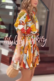 Unique Printed Round Neck Short Sleeve Waist Tie Vacation Mini Dress