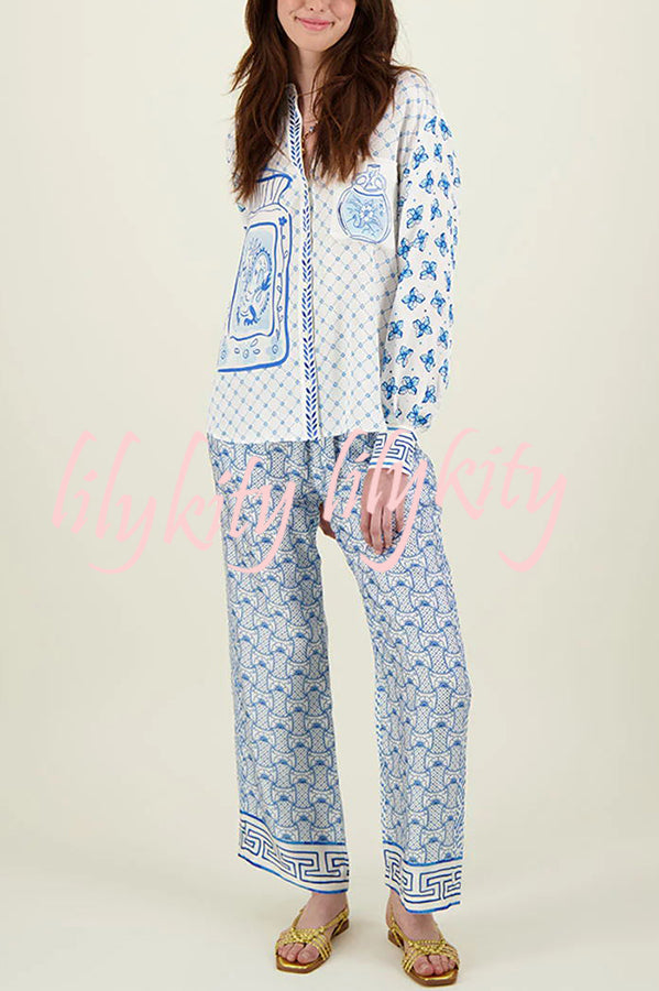 Stylized Dragon Satin Unique Print Long Sleeve Loose Shirt and Elastic Waist Pants Set