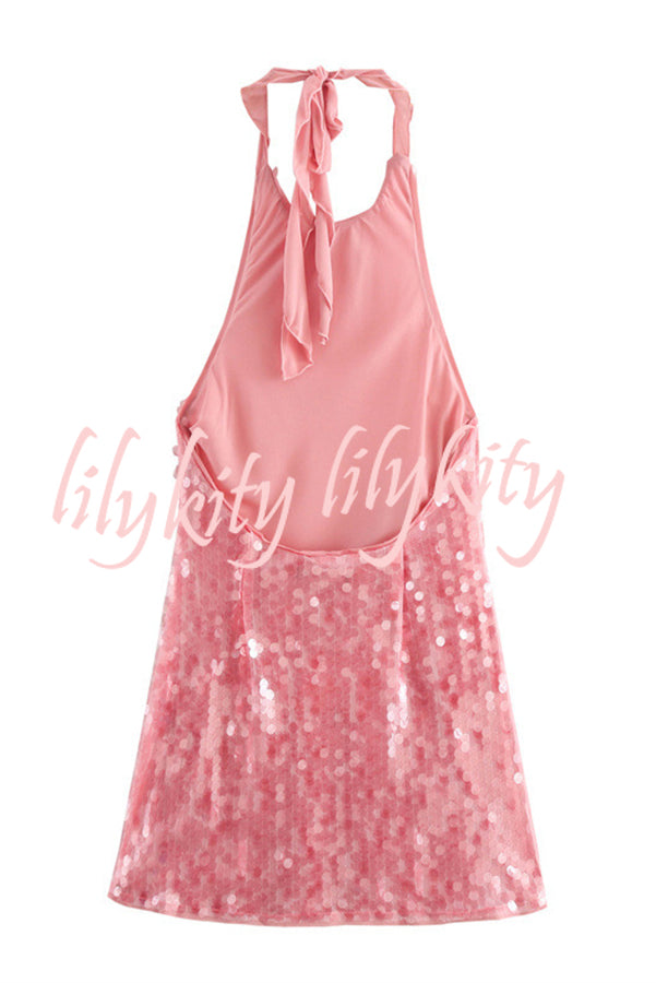 Sexy Rose Disc Sequin Halter Backless Mini Dress