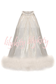 Viola Gold and Silver Glossy Fabric Bow Neck Faux-fur Hem A-line Mini Dress