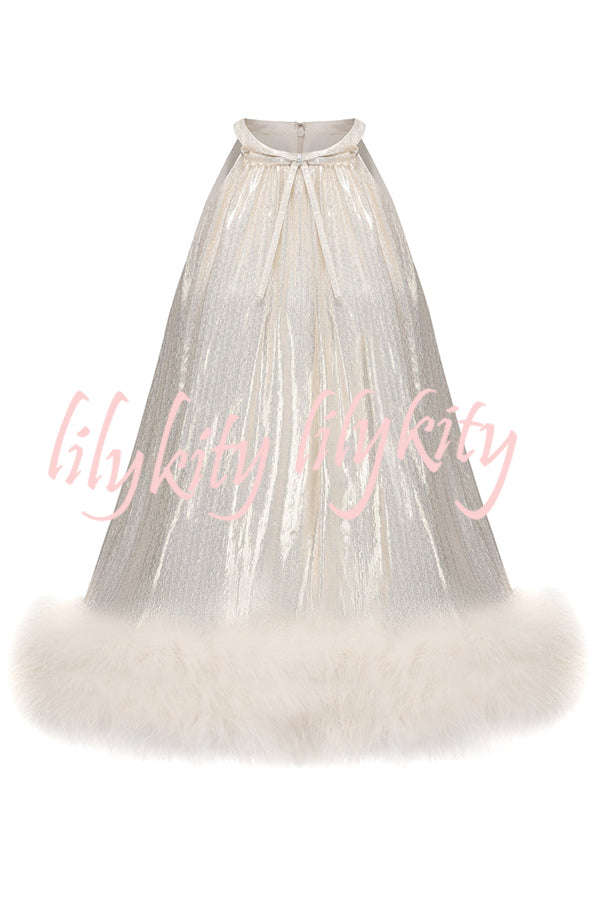 Viola Gold and Silver Glossy Fabric Bow Neck Faux-fur Hem A-line Mini Dress