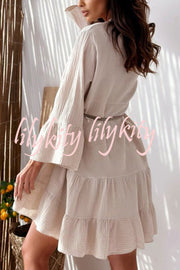 Linen Blend Solid V-Neck Bell Sleeve Casual Mini Dress