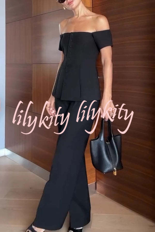 Solid Color Off-the-shoulder Single-breasted Top and Casual Pocket Straight-leg Pants Set