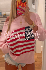 Independence Day Patchwork Long Sleeved Crew Neck Knitted Sweater
