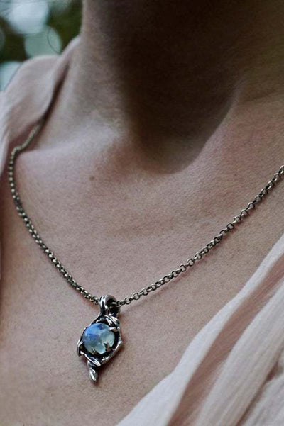 Vintage Rainbow Moonstone Glass Water Drop Pendant Necklace