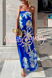 Fashion Vacation Satin Unique Print Off Shoulder Maxi Dress