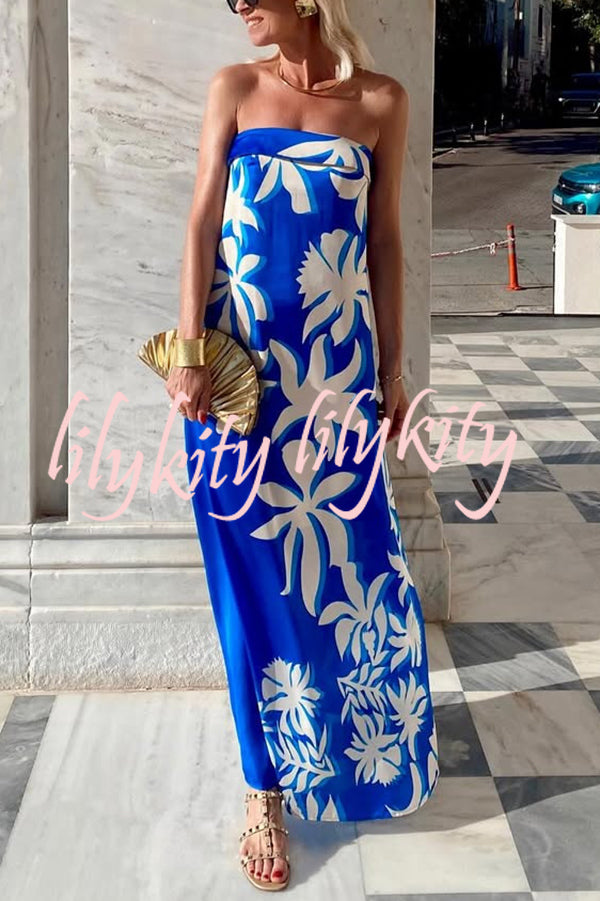 Fashion Vacation Satin Unique Print Off Shoulder Maxi Dress