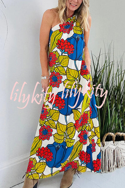 Floral Unique Printed One Shoulder Pocketed Loose Maxi Dress