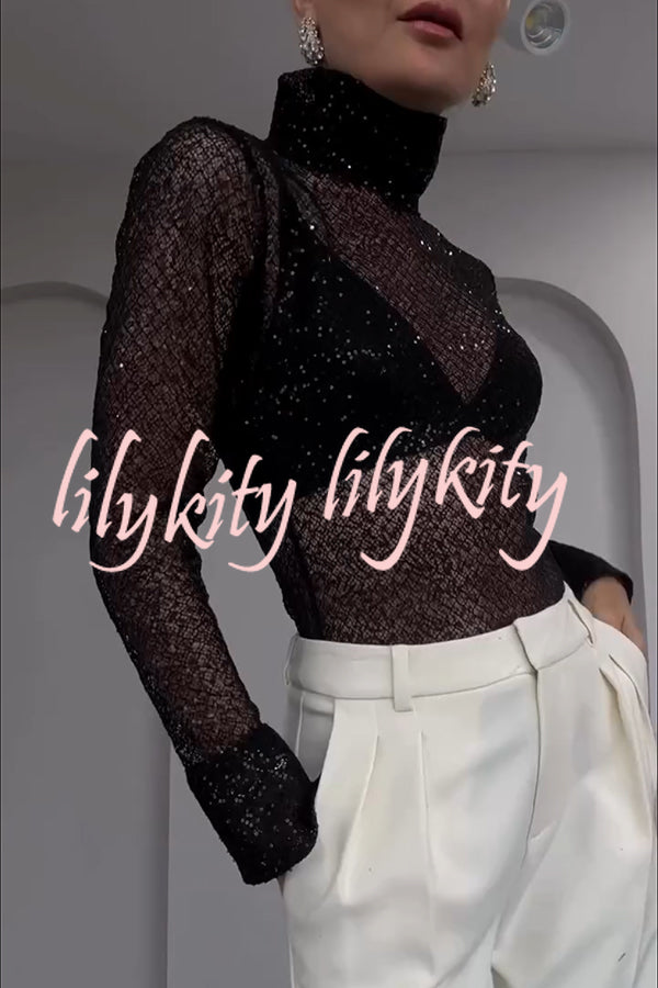 Shimmering Twilight Sequin Turtleneck Long Slit Sleeve H-line Blouse