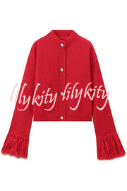 Solid Color Elegant Feather Long Sleeve Casual Knitted Cardigan