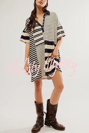 Contrast Striped Patchwork Denim Lapel Loose Casual Mini Dress