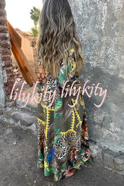 Jungle Miracle Animal Unique Print Button Long Sleeve Midi Relaxed Blouse