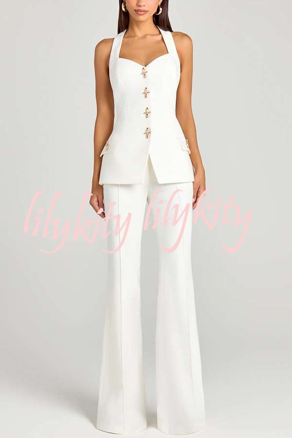 Women Power Metal Cross Snap Button Sweetheart Neck Wide Strap Vest