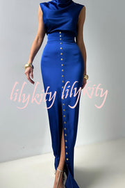 Solid Color Casual Sleeveless Crop Top and Elegant Button-down Maxi Skirt Set