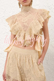 Salenia Lace Appliqué High Neck Side Tie-up Ruffle Cropped Top