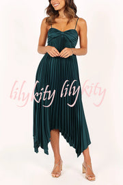 Solid Color Sexy Suspender Pleated Irregular Midi Dress