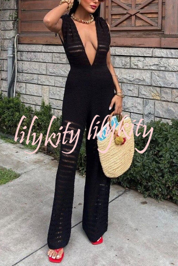 Solid Color Knitted V-neck Holiday Hollow Casual Jumpsuit