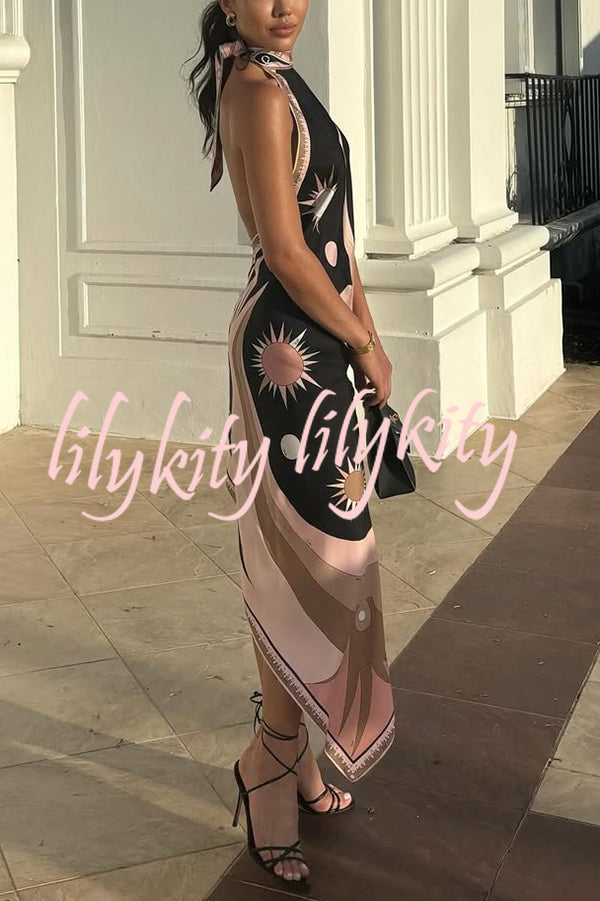 Satin Unique Print Halter Neck Backless Irregular Vacation Midi Dress