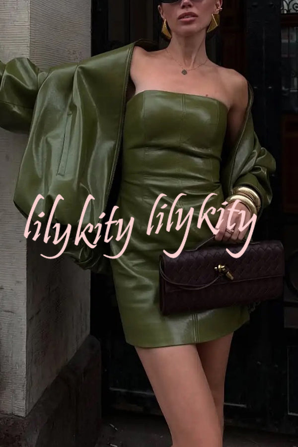 Solid Color Loose Long Sleeve Pocket Casual Leather Jacket