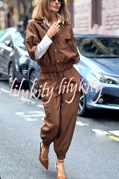 Street Charm Glossy Fabric Button Pocket Cargo Jacket and Elastic Waist Jogger Pants Set