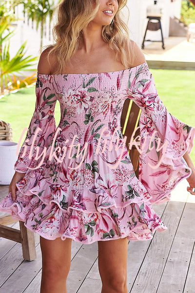 Floral Print Off The Shoulder Pleated Bell Sleeve Fitted Mini Dress
