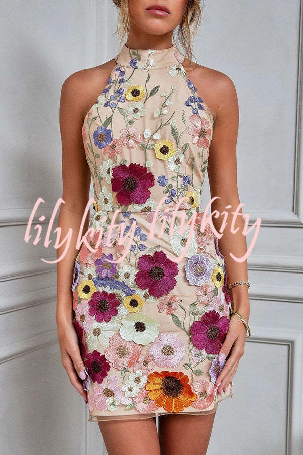 Wish Upon A Dream Floral Applique Halter Mini Dress