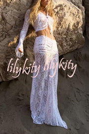 Sexy Lace Long-sleeve Lace-up Top and Pleated Sheer Maxi Skirt Set