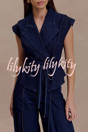 Charley Denim Button Up Cap Short Sleeve Structured Tie-up Lapel Top