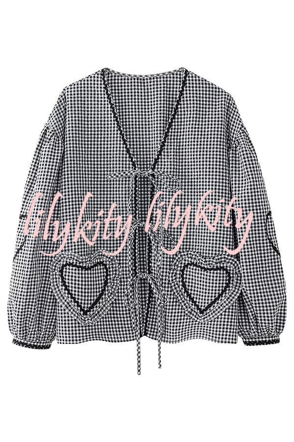 Lovely Plaid Heart Pattern Casual Lace-up Pocket Loose Shirt