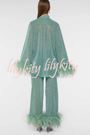 Glitter Fabric Feather Trim Long Sleeve Button Top and Elastic Waist Loose Straight Pants Set