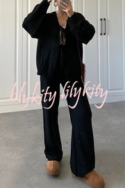 Solid Color V-neck Tie Long-sleeved Loose Knit Cardigan and Elastic Waist Casual Straight Leg Pants Set