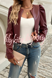 Yelissa Faux Leather Statement Long Sleeve Open Front Crop Jacket