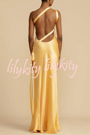 Moonlit Soiree Satin Asymmetrical One Shoulder Backless Strap Maxi Dress