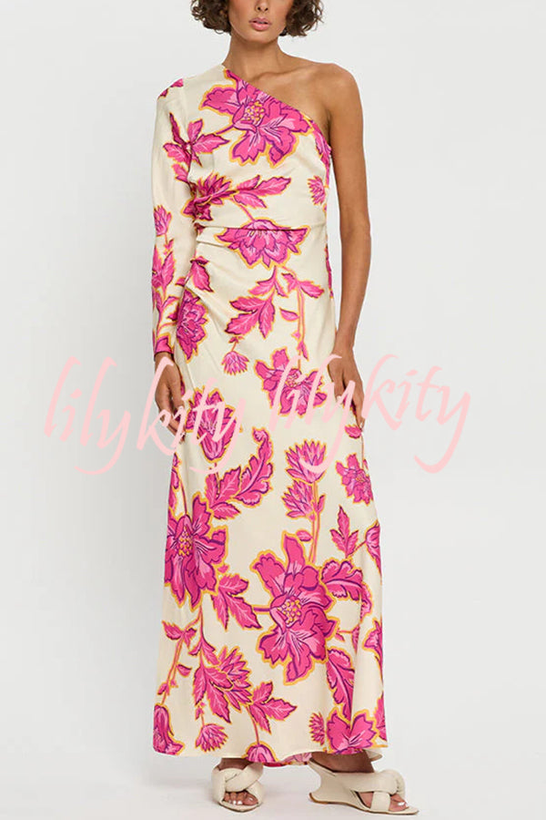 Rhia Satin Floral Print One Shoulder Flared Maxi Dress