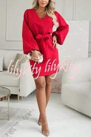 Holiday Gatherings V-neck Long Balloon Sleeve Tie-up Waist Loose Mini Dress