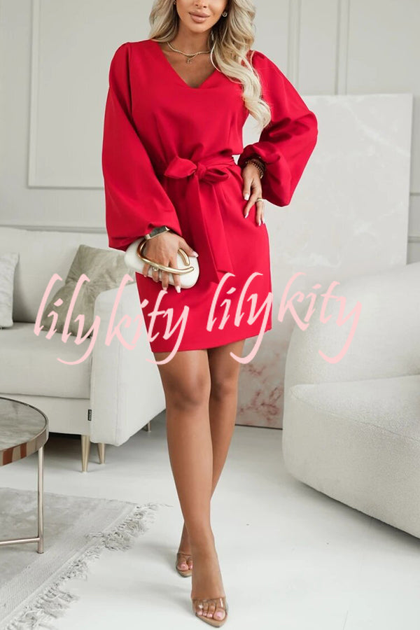 Holiday Gatherings V-neck Long Balloon Sleeve Tie-up Waist Loose Mini Dress