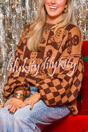 Christmas Gingerbread Man Round Neck Long Sleeve Loose Knit Sweater