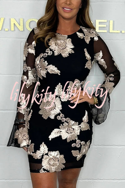 Embroidered Floral Crewneck Long Sleeve Fitted Mini Dress