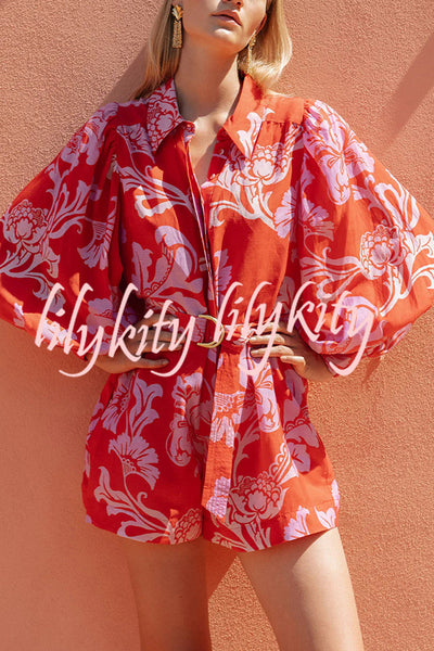Linen Blend Botanical Print Lapel Puff Sleeve Loose Tie Casual Rompers